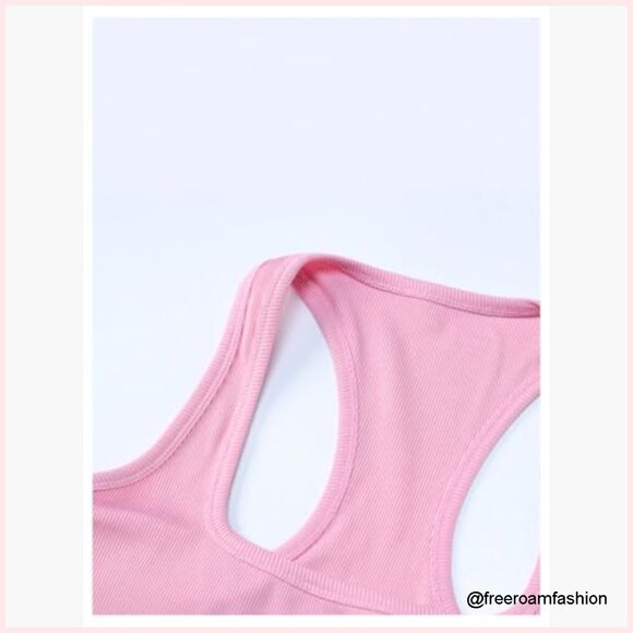 Rhinestone Letter Racerback Crop Tank Top Rib Knit Square Neck Sleeveless - Picture 6 of 7